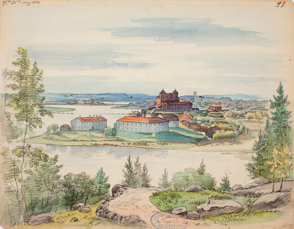 Hämeenlinna, view for illustration in finland depicted in drawings, 1846, Magnus Von Wright