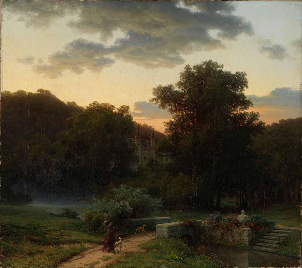 German castle park at sunset, 1856, Werner Holmberg