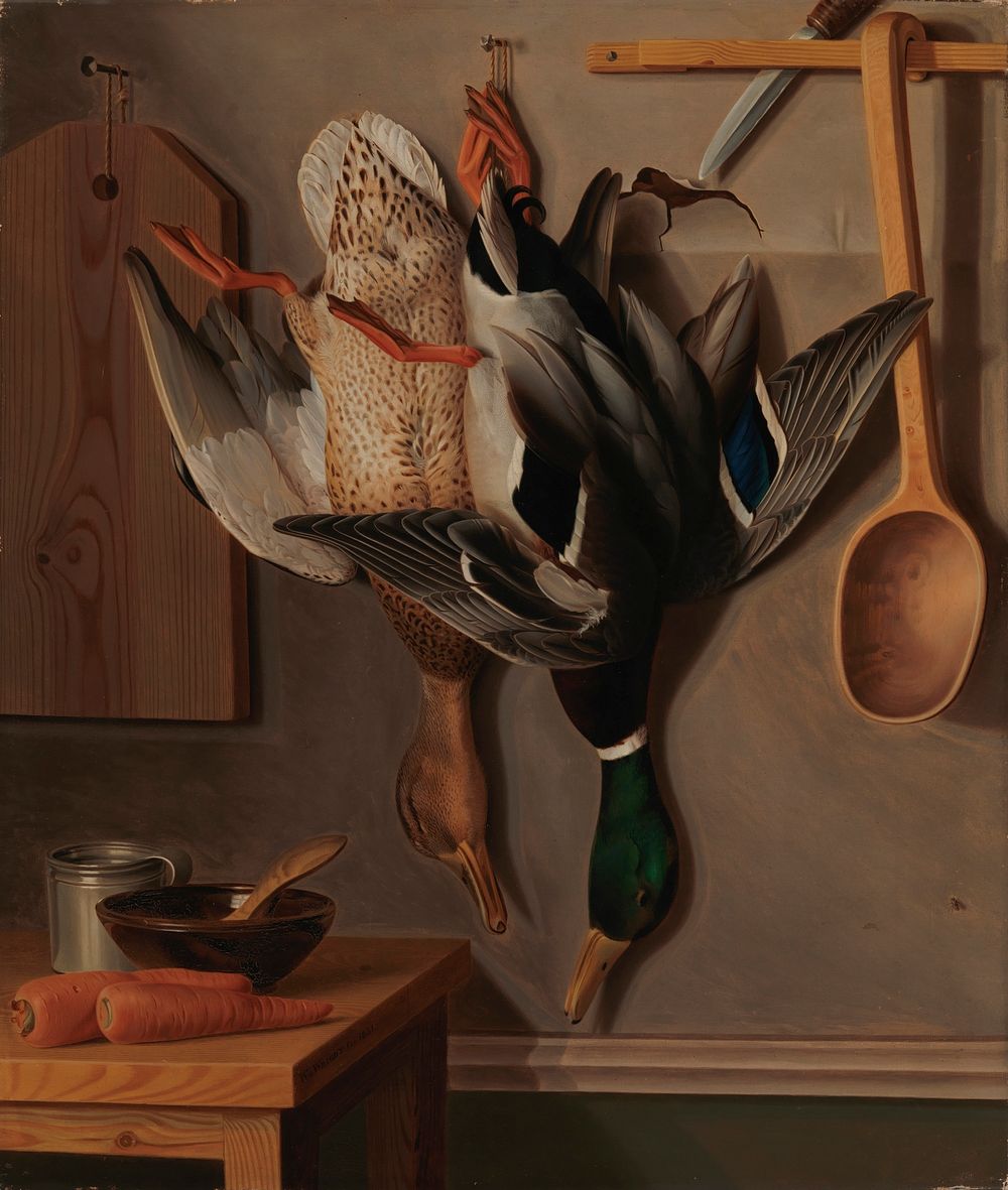 Hanging wild ducks ; hanging wild ducks, still life, 1851, Wilhelm von Wright