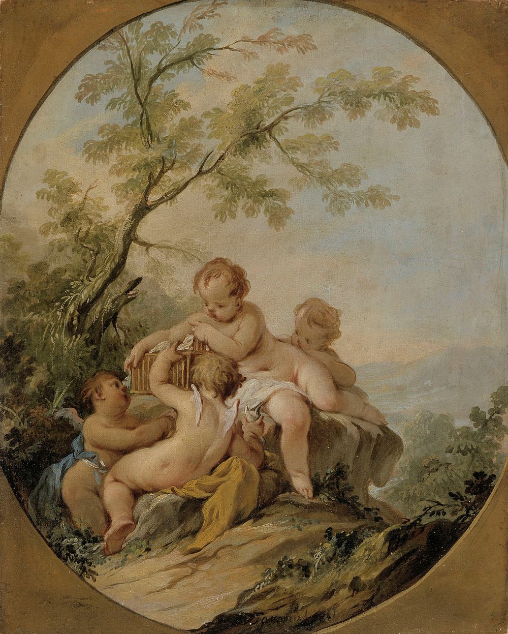 Four amorins playing with a birdcage, 1721 - 1750, Guillaume Taraval