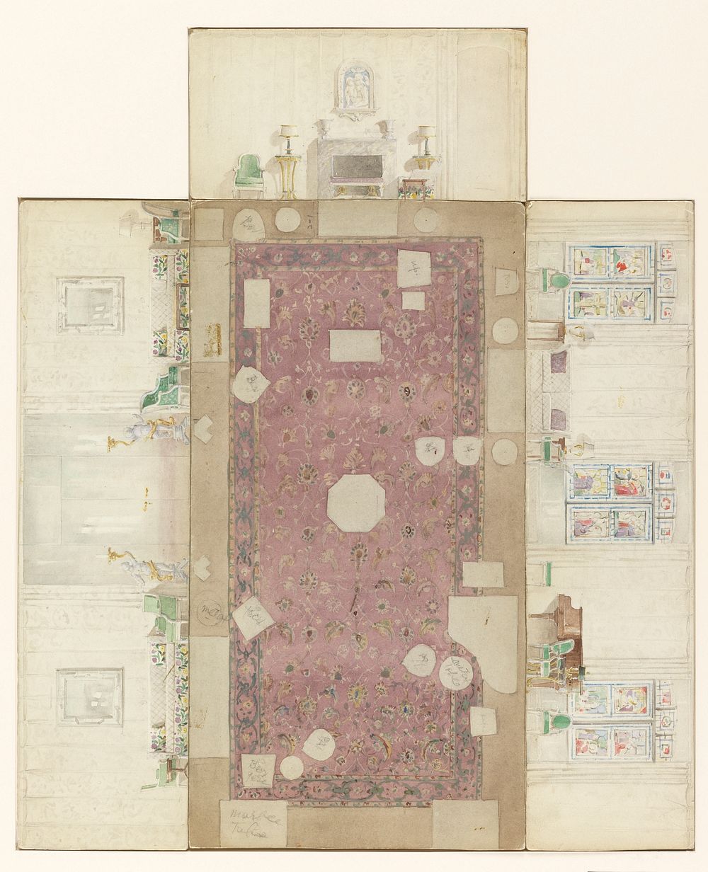 Salon, with Oriental carpet and grand piano, Mcmillen
