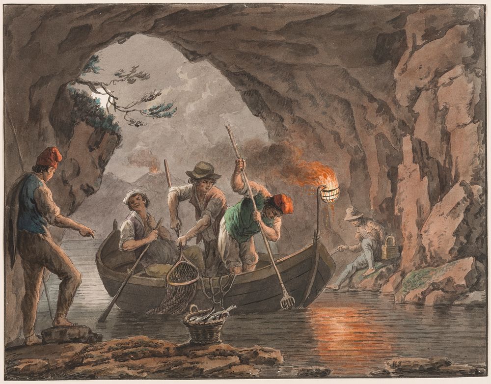 Water color; Night Fishing at the Entrance to a Cave, Saverio Della Gatta