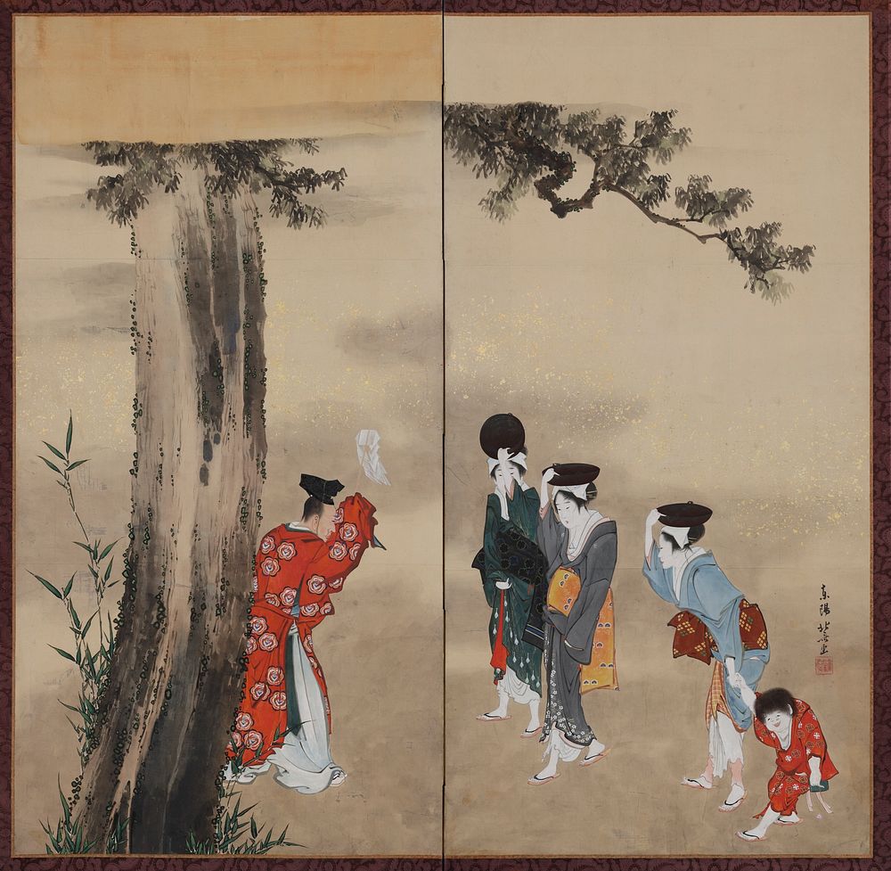 A Shinto Priest, Three Women and a Child by Katsushika Hokusai