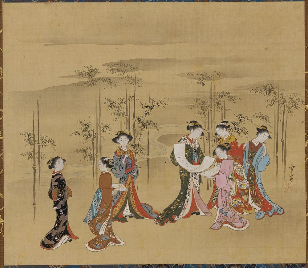 Seven young women in a bamboo grove, Kawamata Tsunemasa