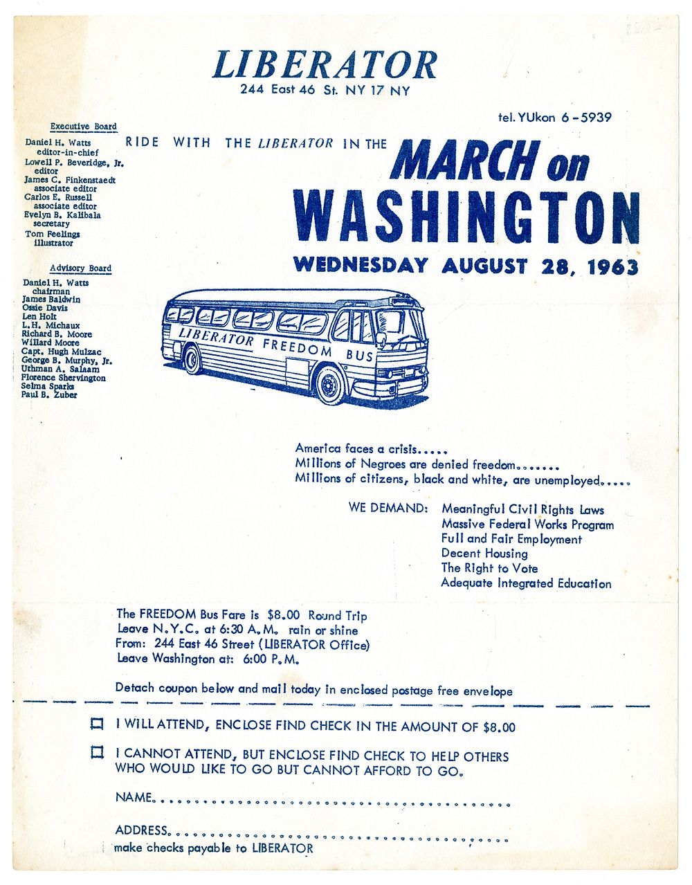 "Liberator" broadside advertising a bus trip to the 1963 March on Washington, Liberator Magazine