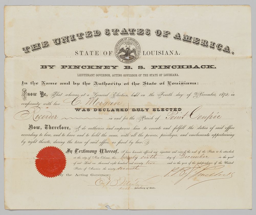Commission signed by Pinckney Pinchback as acting governor of Louisiana, National Museum of African American History and…
