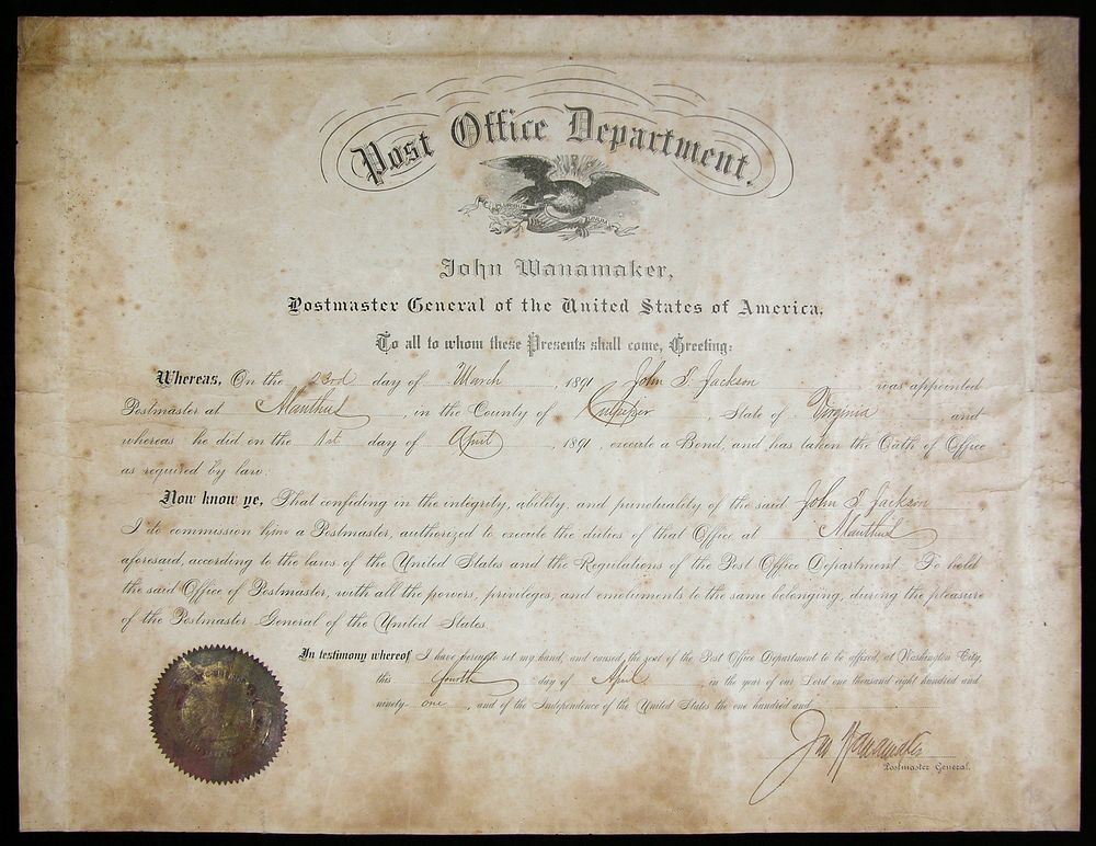 Certificate of appointment for John T. Jackson
