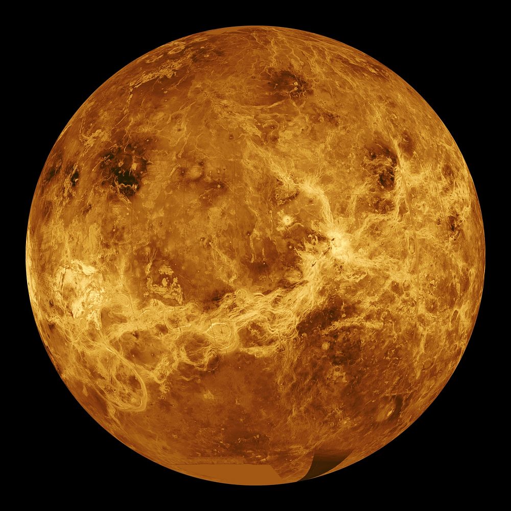 This global view of the surface of Venus is centered at 180 degrees east longitude. Magellan synthetic aperture radar…