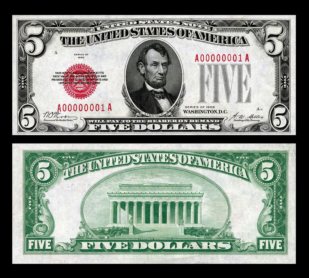 United States $5 Banknote, Legal Tender, Series of 1928 (Fr. Ref#1525), depicting Abraham Lincoln.Serial #1 of a printing of…