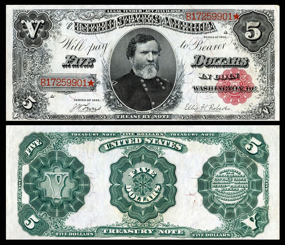 A Series 1891 $5 Treasury Note depicting George H. Thomas with the signatures of Judson Whitlocke Lyons and Ellis H.…