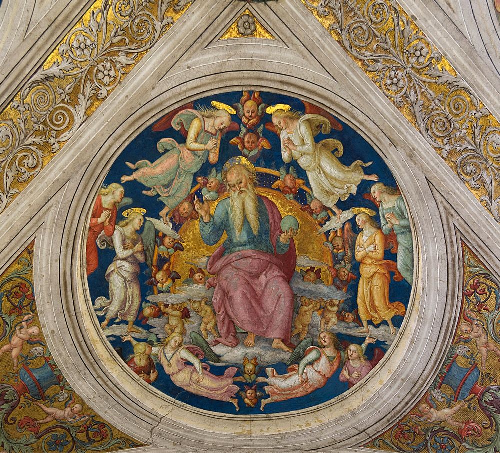 God the Father with Angels, medallion, ceiling of the Stanza dell'Incendio di Borgo, Vatican City