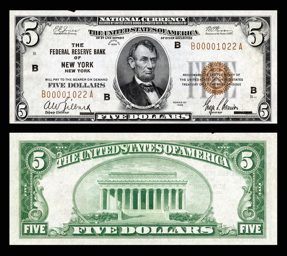 $5 Federal Reserve Bank Note (1929) depicting Abraham Lincoln.