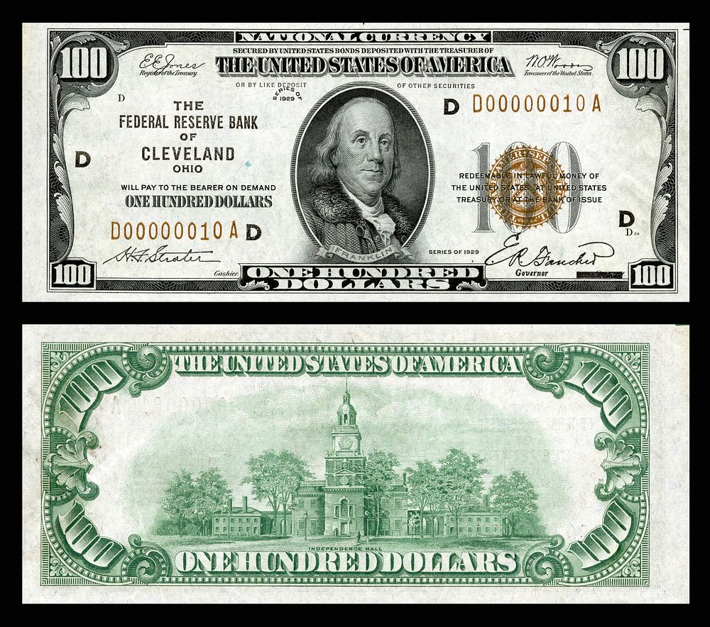 $100 Federal Reserve Bank Note (1929) depicting Benjamin Franklin.