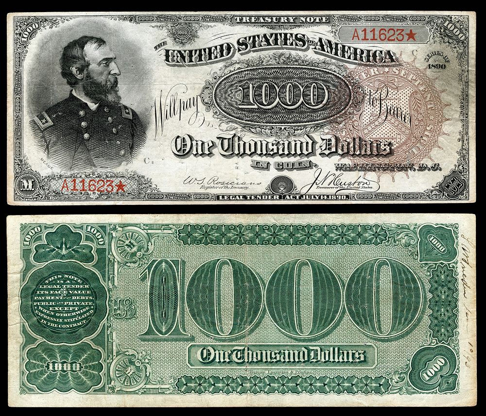 A Series 1890 $1,000 Treasury Note depicting George Meade with the signatures of William Starke Rosecrans and James N.…