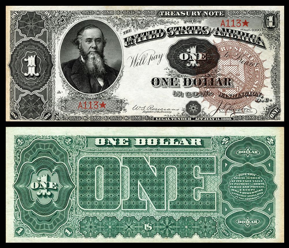 A Series 1890 $1 Treasury Note depicting Edwin Stanton with the signatures of William Starke Rosecrans and James N. Huston.…