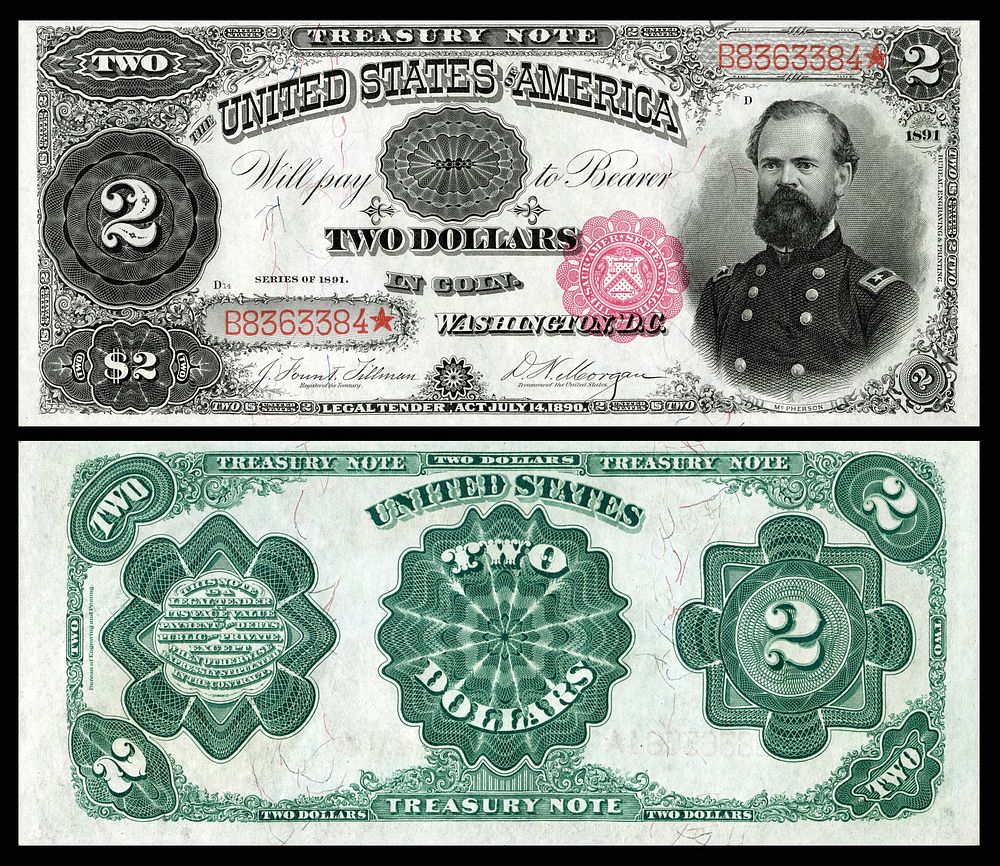 A Series 1891 $2 Treasury Note depicting James B. McPherson with the signatures of James Fount Tillman and Daniel N. Morgan.…