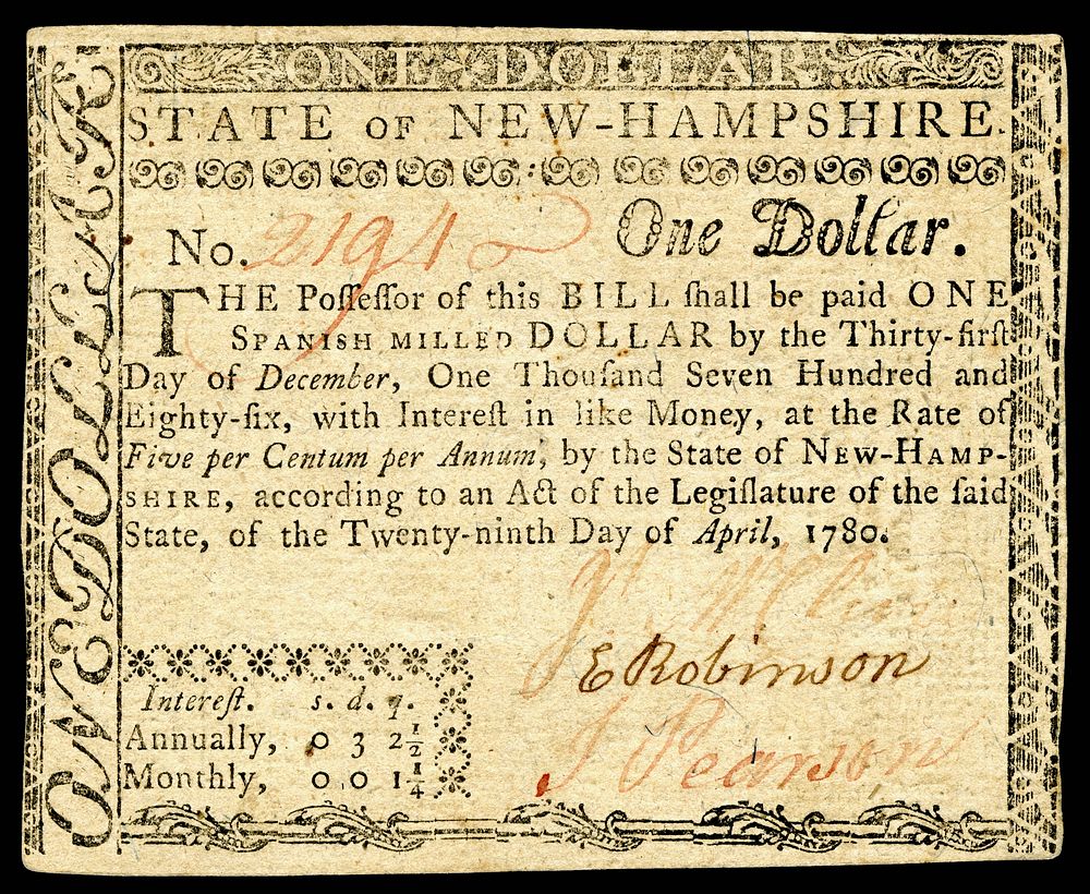 $1 Colonial currency from the Province of New Hampshire. Signed by James McClure, E. Robinson, Joseph Pearson, and John…