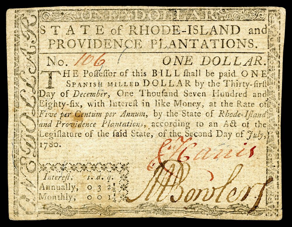 $1 Colonial currency from the former Colony of Rhode Island. Signed by Caleb Harris and Metcalf Bowler, and endorsed by…