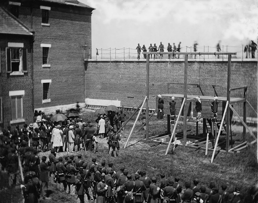 Execution of the four people condemned as conspirators (Mary E. Surratt, Lewis T. Powell, David E. Herold, and George A.…