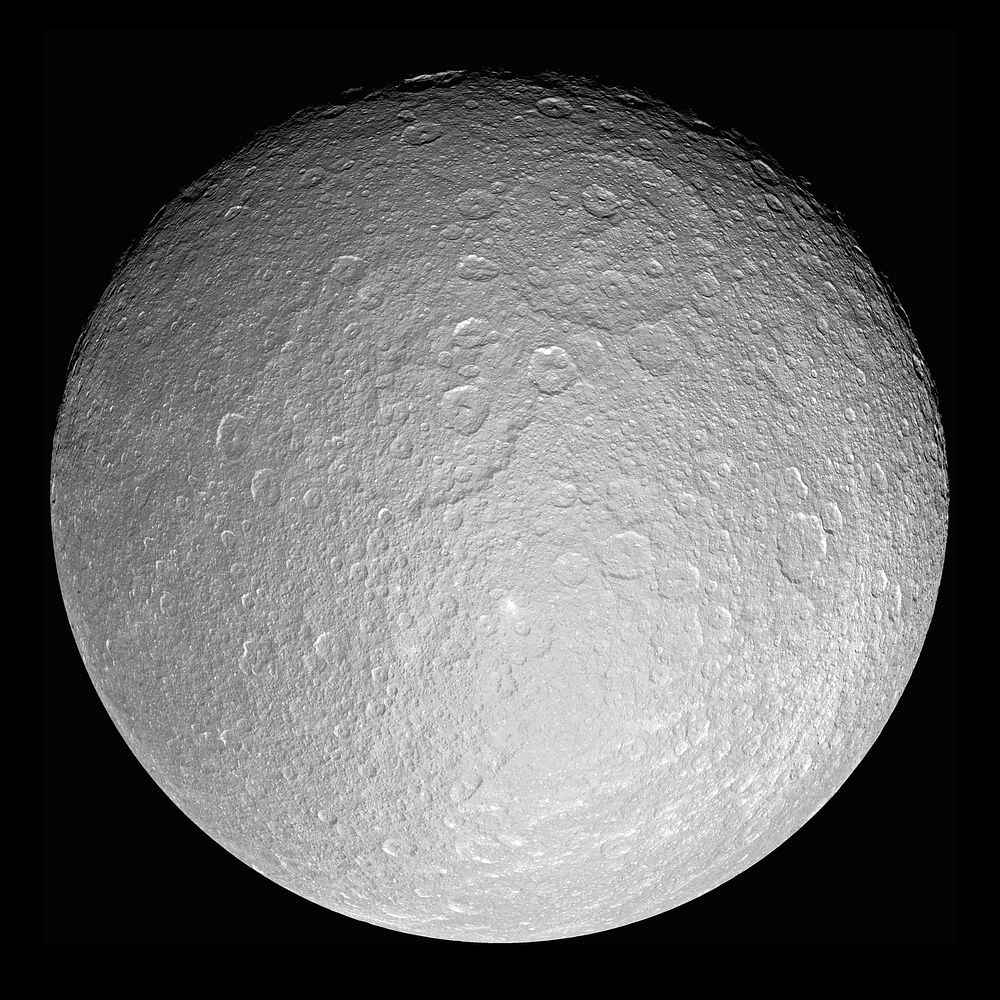 This giant mosaic reveals Saturn's icy moon Rhea in her full, crater-scarred glory.This view consists of 21 clear-filter…