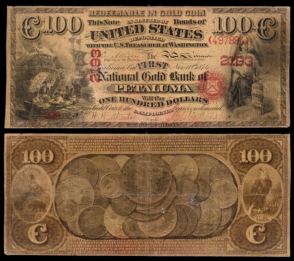 A $100 National Gold Bank Note issued by the First National Gold Bank of Petaluma, California. Engraved signatures of…