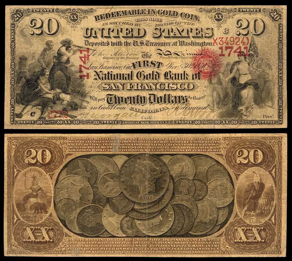 A $20 National Gold Bank Note issued by the First National Gold Bank of San Francisco, California. Engraved signatures of…