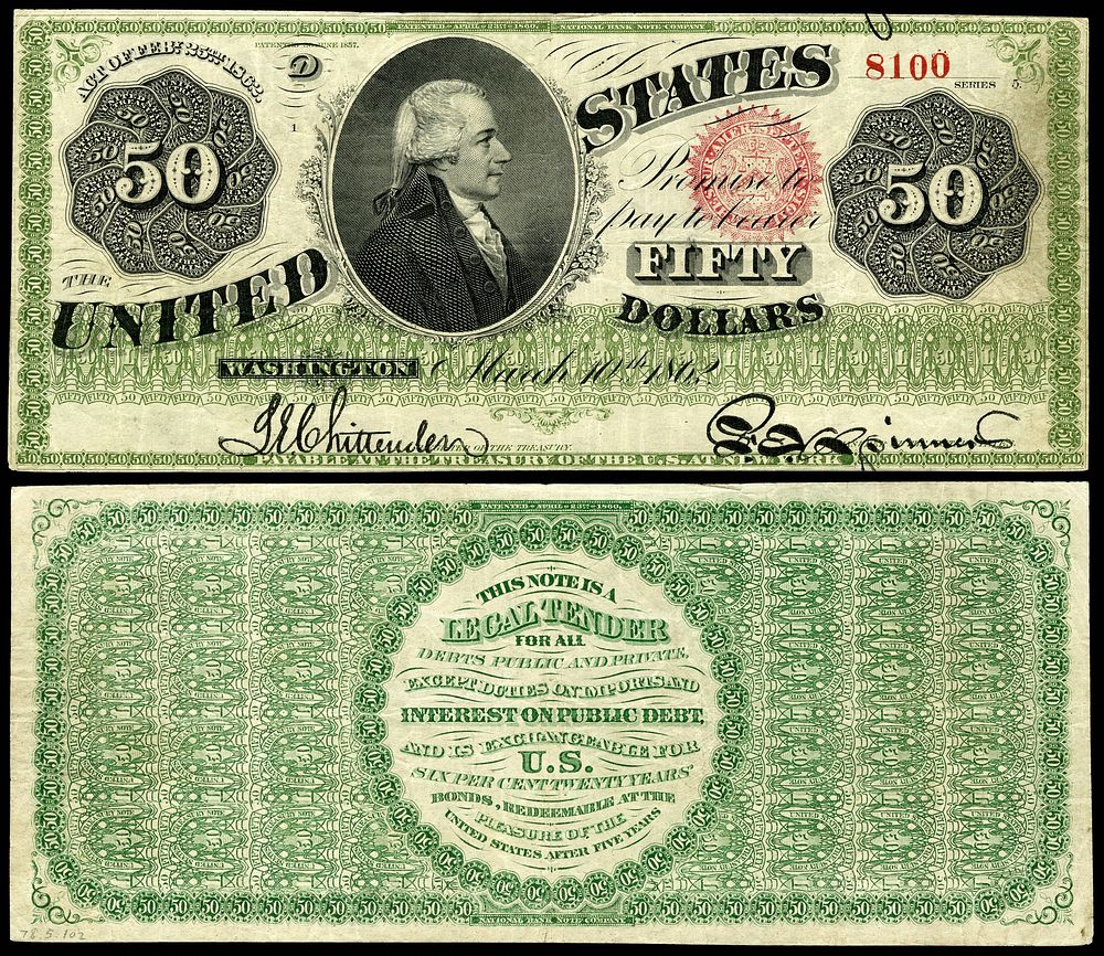 A $50 Legal Tender Note from the Series 1862-1863 greenback issue. Engraved signatures of Chittenden (Register of the…
