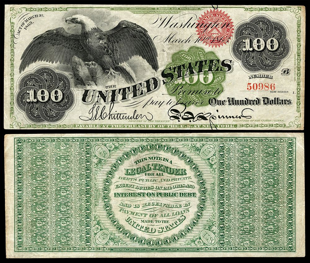 A $100 Legal Tender Note from the Series 1862-1863 greenback issue. Engraved signatures of Chittenden (Register of the…