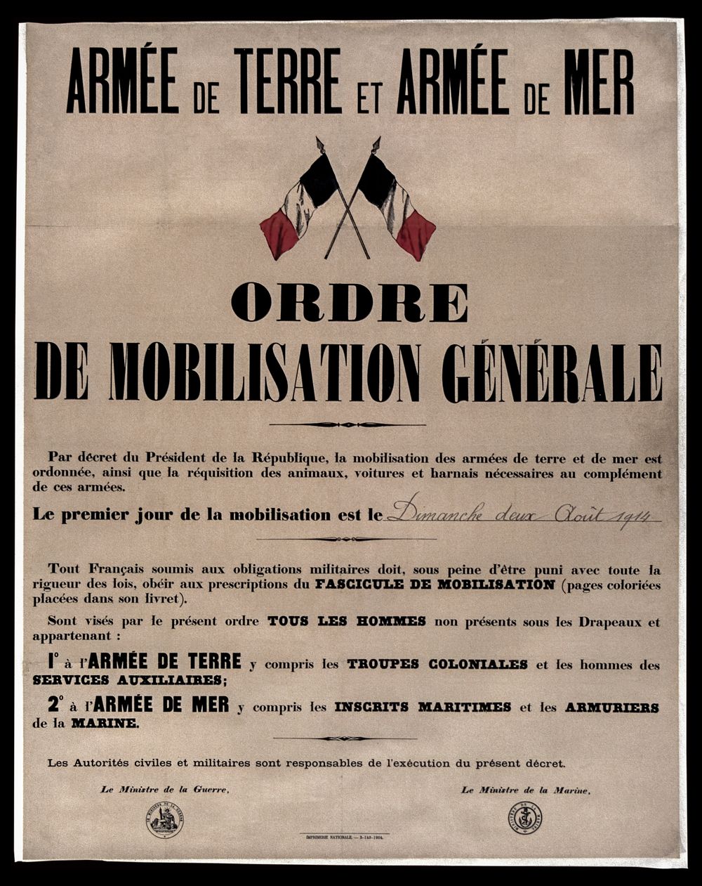 Poster of the mobilization in France on august 1, 1914. This poster was put on the walls everywhere in France