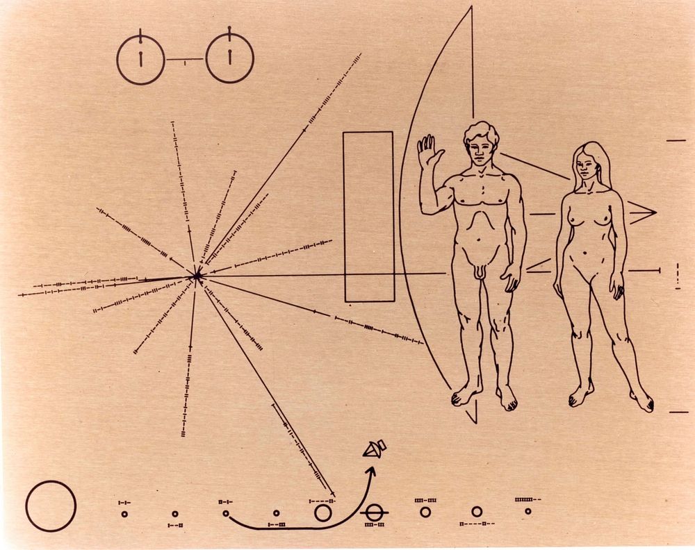 NASA image of Pioneer 10's famed Pioneer plaque features a design engraved into a gold-anodized aluminum plate, 152 by 229…