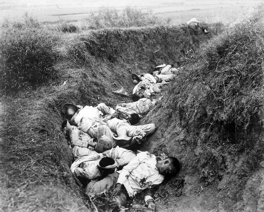 Filipino casualties on the first day of the Philippine-American War. Original caption is 'Insurgent dead just as they fell…