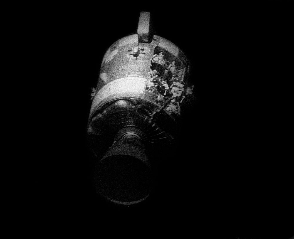 Apollo13 - view of the crippled Service Module after separation.