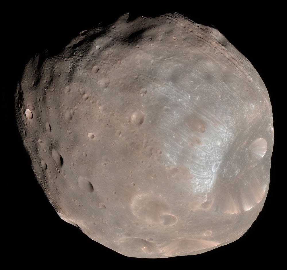 Color image of Phobos, imaged by the Mars Reconnaissance Orbiter on 23 March 2008.The High Resolution Imaging Science…