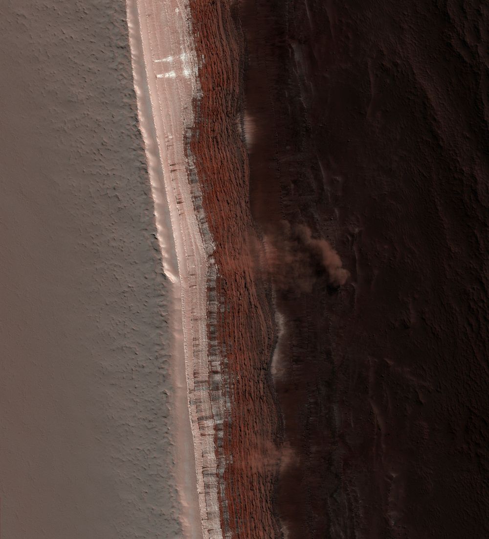 Descriptions courtesy of NASA:The image shows a Martian avalanche, or debris fall, in action.Cameras orbiting Mars have…