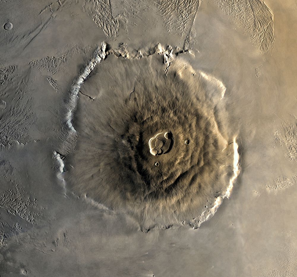 A composite Viking orbiter image of Olympus Mons on Mars, the tallest known volcano and mountain in the Solar System.