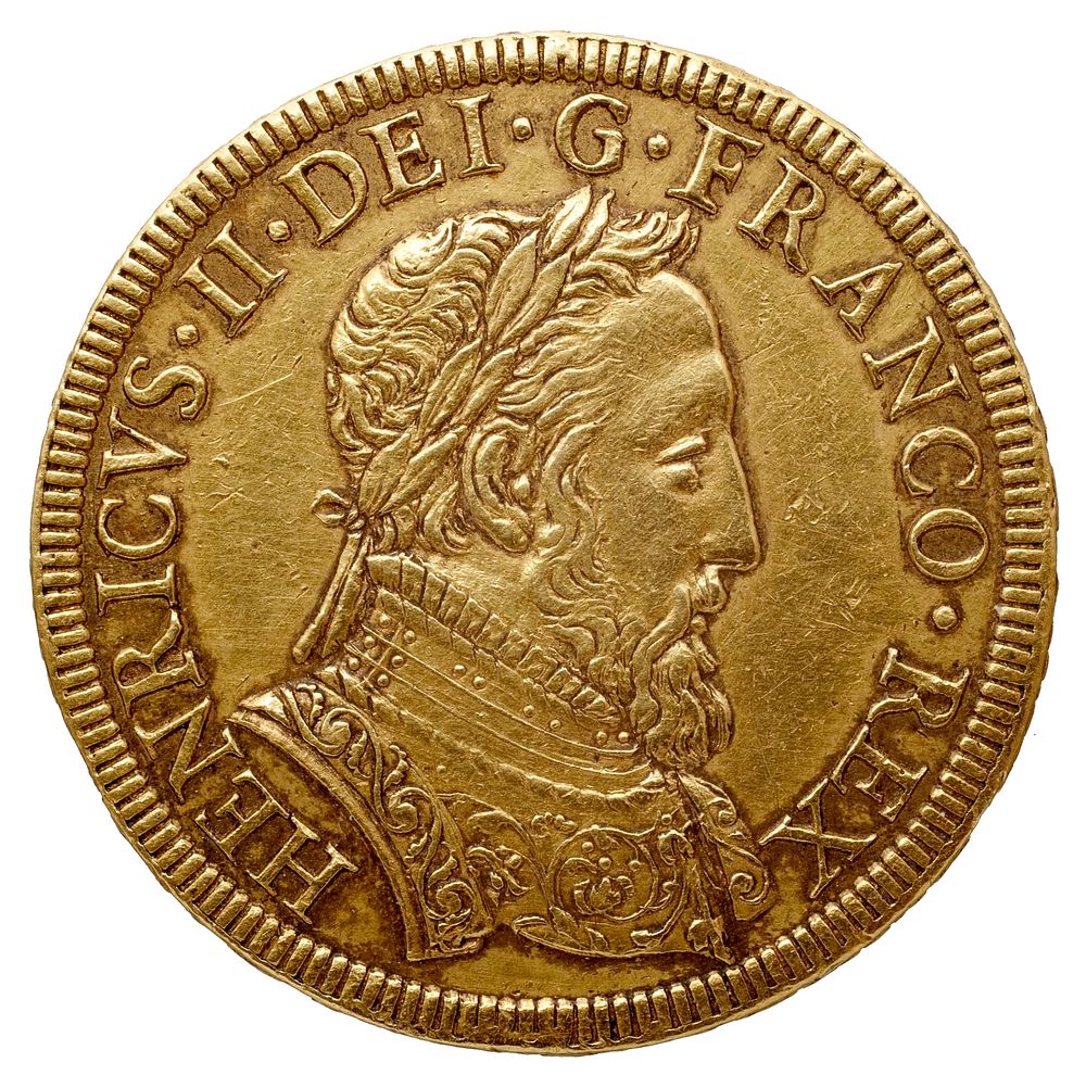 Piedfort du double Henri II à la Gallia. Or, diamètre 29 mm, 29,5 gr. Avers. Collection du Cabinet des Médailles de la…