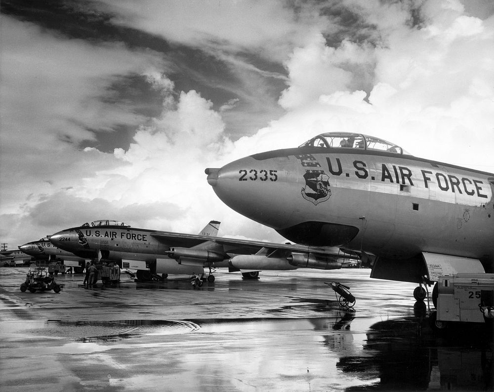 Strategic Air Command B-47 Stratojet bombers c. 1950s. The world's first swept-wing bomber. The B-47 normally carried a crew…