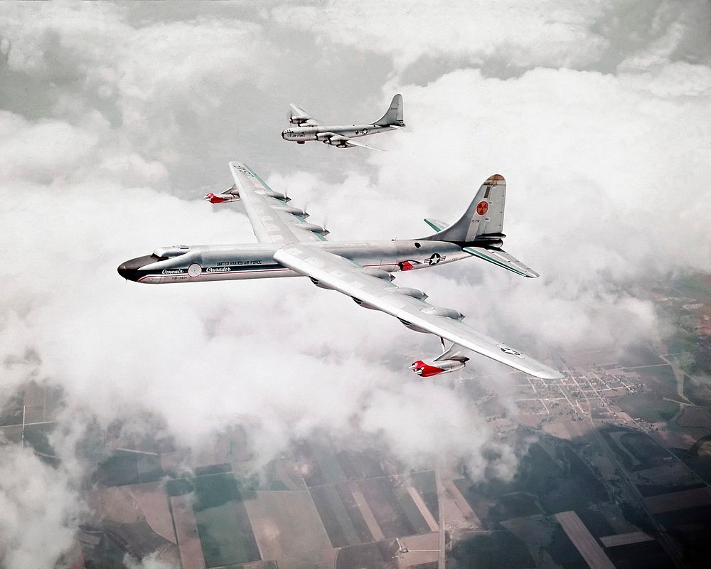 An air-to-air view of the Convair NB-36H Peacemaker experimental aircraft (s/n 51-5712) and a Boeing B-50 Superfortress…