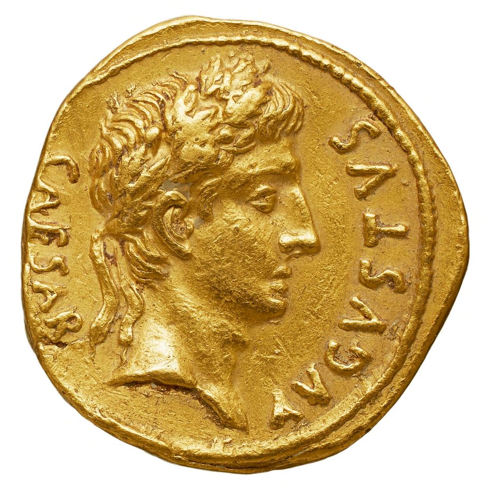 Aureus d'Auguste émis à Rome, 19 av.JC. CAESAR AVGVSTVS. Tête d'Auguste couronnée de chêne à droite. - Or 8,05 g - BNCMER I…