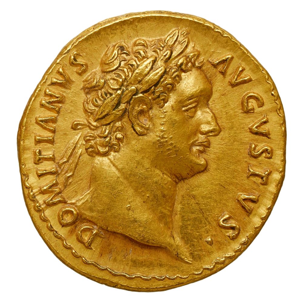 Domitien, aureus. Avers : DOMITIANUS AUGUSTUS. Tête laurée de Domitien à droite. Or, 7,46 gr. Rome, 87-88 ap.JC. Collection…