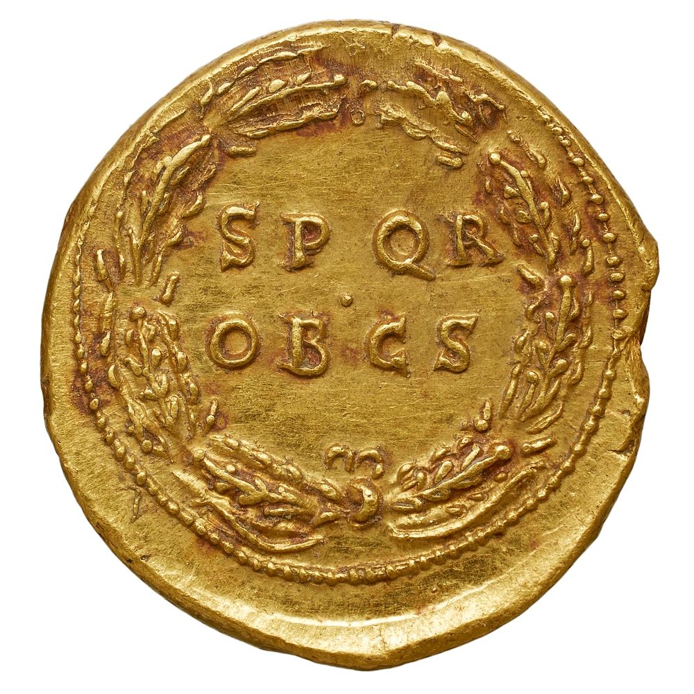 Galba, aureus. Revers : SPQR OB CS (Senatus Populus Que Romanus/ Ob/ Cives Servatos Le Sénat et le Peuple romain pour la…