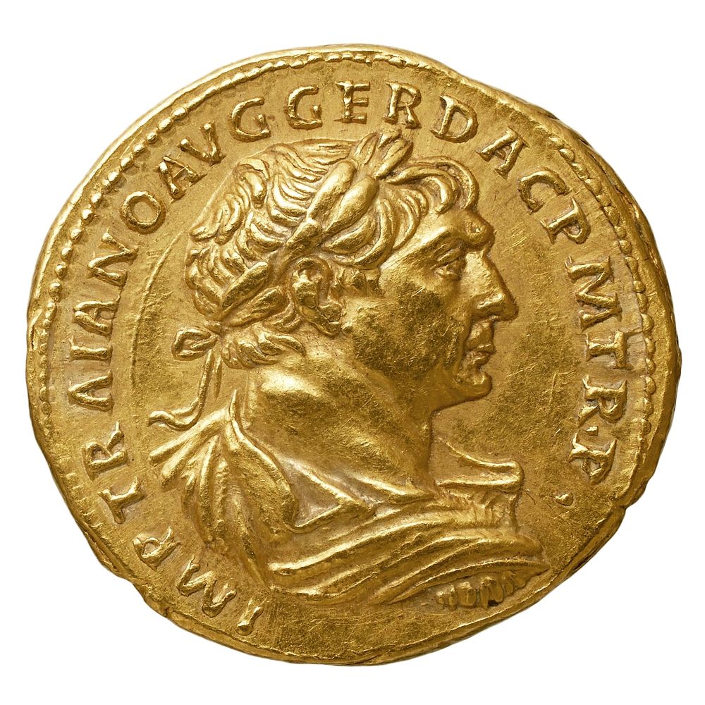 Trajan, aureus. Avers : IMP TRAIANO AVG GER DAC P M TR P.. Buste lauré, drapé et cuirassé de Trajan à droite. Or, 6,93 gr.…