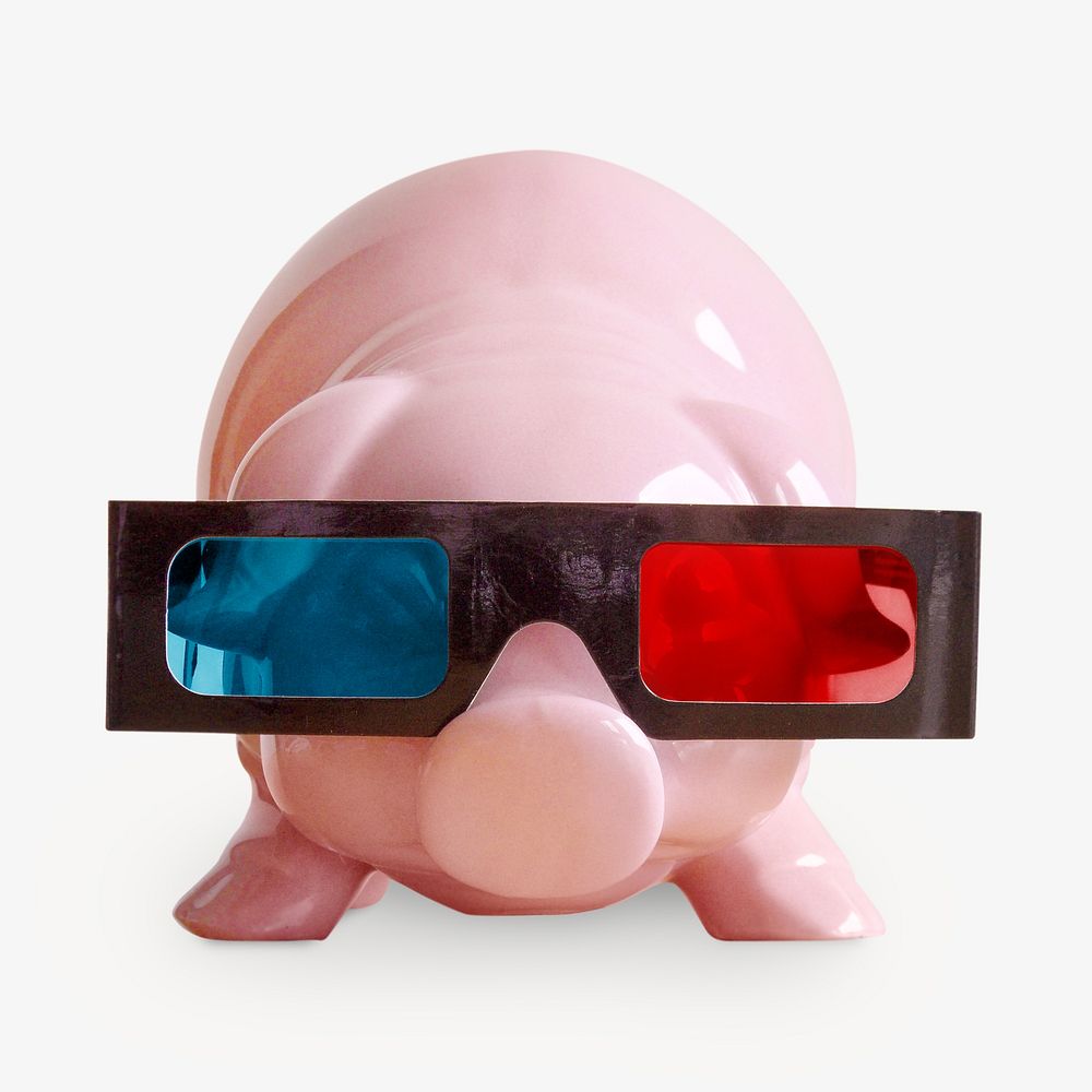 Piggy bank with 3d glasses, finance image