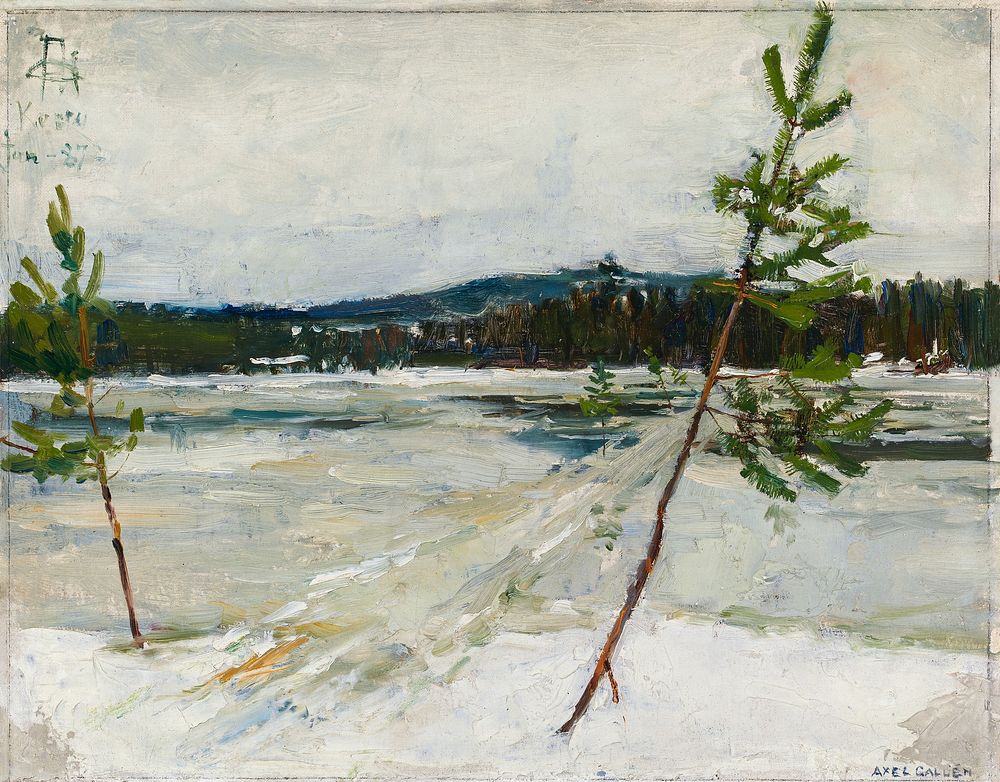 Winter landscape, oil painting. Original public domain image by Akseli Gallen-Kallela from Finnish National Gallery.…