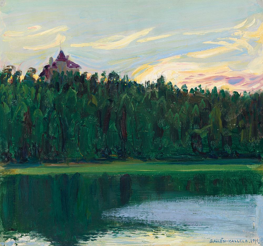 Lakeside landscape, oil painting. Original public domain image by Akseli Gallen-Kallela from Finnish National Gallery.…