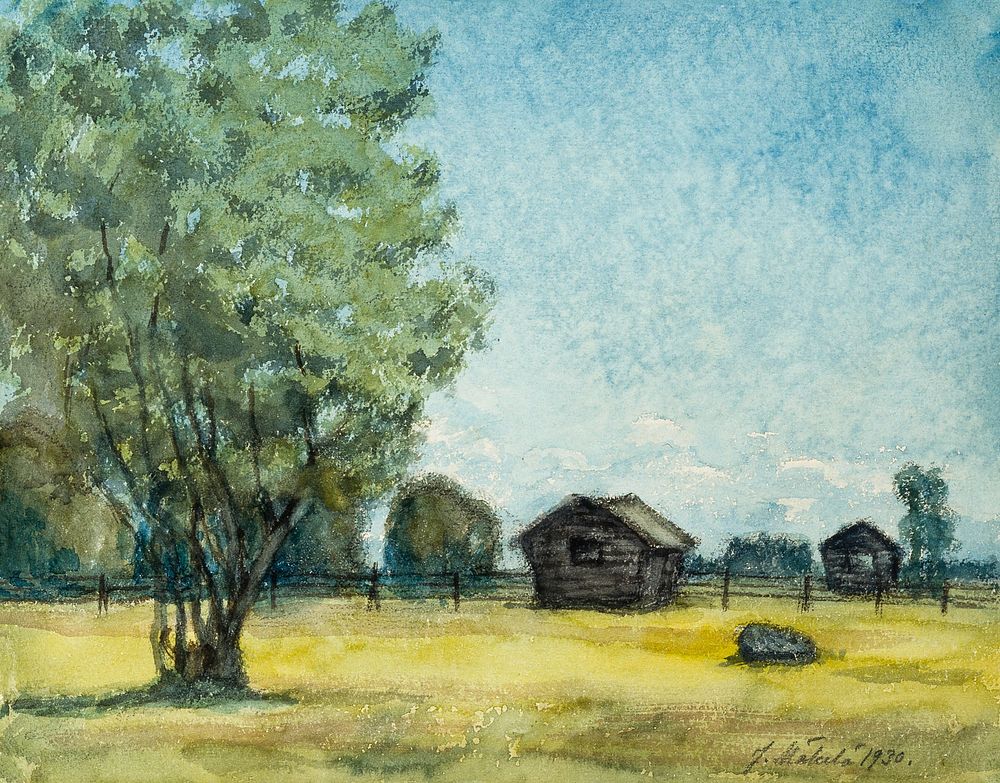 Barn on farmland, oil painting. Original public domain image by Juho Mäkelä from Finnish National Gallery. Digitally…