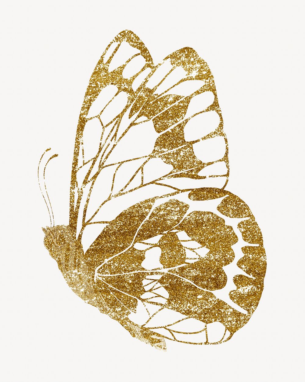 Gold glittery butterfly, aesthetic insect illustration.  Inspired by E.A. Séguy's style.