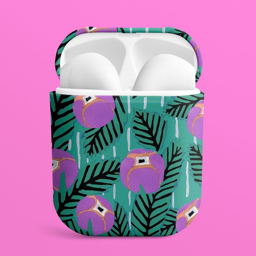 AirPods case mockup, vintage flower patterned design psd, remixed by rawpixel