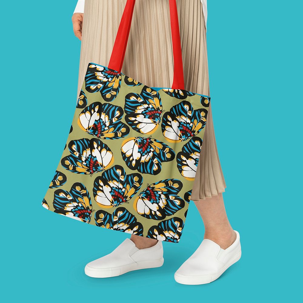 Canvas tote bag mockup, vintage butterfly patterned design psd, remixed by rawpixel