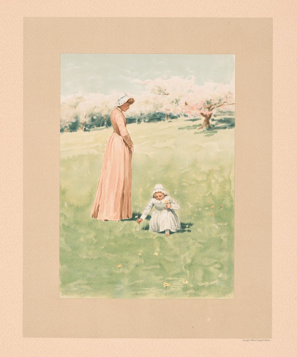 "In May" - illustration for "Baby's Lullaby Book ... by Charles Stuart Pratt" showing a young child picking flowers in a…